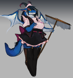 Size: 1111x1188 | Tagged: safe, artist:soda_uyu, oc, oc only, dragon, fictional species, anthro, 2018, blue scales, clothes, female, hair, maid, maid outfit, scales, solo, solo female