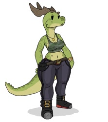 Size: 1038x1171 | Tagged: safe, artist:squalbo, oc, oc:amber (squalbo), fictional species, kobold, reptile, anthro, bottomwear, clothes, female, horns, pants, solo, solo female, tail, thick thighs, thighs, topwear, wide hips