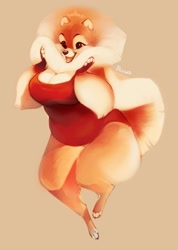 Size: 2138x2999 | Tagged: safe, artist:aliiwa, canine, dog, mammal, pomeranian, anthro, big breasts, breasts, clothes, female, fluff, neck fluff, one-piece swimsuit, solo, solo female, swimsuit, tail, thick thighs, thighs, wide hips