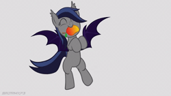 Size: 600x338 | Tagged: safe, artist:stormxf3, oc, oc only, oc:echo, bat pony, equine, fictional species, mammal, pony, feral, friendship is magic, hasbro, my little pony, 2d, 2d animation, animated, bipedal, cute, dancing, ear tuft, eyes closed, female, food, fruit, gif, gray background, happy, holding, low res, mango, mare, mouth hold, nom, ocbetes, simple background, smiling, solo, solo female, spread wings, wings