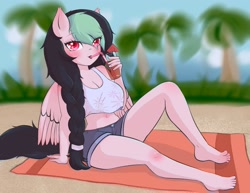 Size: 2048x1582 | Tagged: safe, artist:starfishkitty, oc, oc only, oc:galactic lights, equine, fictional species, mammal, pegasus, pony, anthro, plantigrade anthro, barefoot, belly button, bottomwear, clothes, cocktail garnish, cocktail umbrella, drink, feet, food, glass, shorts, straw, tea, toes