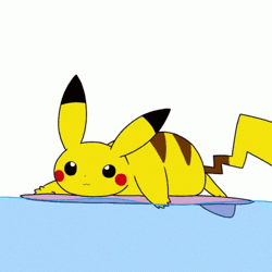 Size: 498x498 | Tagged: safe, artist:tontaro, fictional species, mammal, pikachu, feral, nintendo, pokémon, 1:1, 2021, 2d, 2d animation, ambiguous gender, animated, black nose, cute, digital art, ears, fur, gif, low res, ocean, simple background, solo, solo ambiguous, surfboard, surfing, tail, water, white background