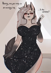 Size: 1448x2048 | Tagged: safe, artist:sukiskuki, loona (vivzmind), canine, fictional species, hellhound, mammal, anthro, helluva boss, big breasts, bottomwear, breasts, cleavage, clothes, dialogue, dress, female, looking at you, looking down, looking down at you, side slit, solo, solo female, talking
