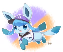 Size: 1616x1350 | Tagged: safe, artist:chappika38, eeveelution, fictional species, glaceon, mammal, feral, nintendo, pokémon, ambiguous gender, clothes, hat, headwear, running, tail