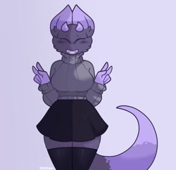 Size: 1091x1058 | Tagged: safe, artist:spaceysoda2, fictional species, kobold, reptile, big breasts, bottomwear, breasts, clothes, horns, simple background, skirt, smiling, sweater, tail, topwear