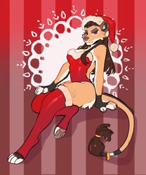 Size: 1707x2048 | Tagged: safe, artist:furbakery, big cat, feline, lion, mammal, big breasts, breasts, brown hair, christmas, clothes, ears, fur, hair, hat, headwear, holiday, jewelry, legwear, leotard, paw pads, paws, purple eyes, santa hat, stockings, tail, tail jewelry, tail ring, tail tuft, tan body, tan fur, thick thighs, thighs, underpaw, wide hips