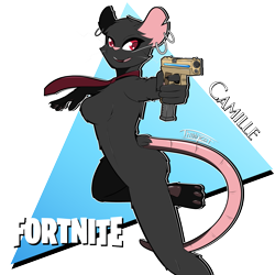 Size: 2000x2000 | Tagged: safe, artist:thibbycat, camille (fortnite), mammal, mouse, rodent, anthro, epic games, fortnite, 1:1, black body, black fur, clothes, ear piercing, earring, ears, feet, female, fur, gun, high res, looking at you, murid, murine, necktie, paw pads, paws, piercing, ranged weapon, red eyes, ring piercing, simple background, solo, solo female, torn ear, transparent background, video game, weapon, whiskers