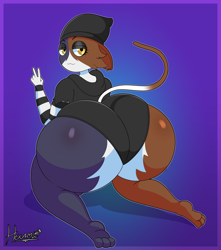 Size: 3750x4250 | Tagged: suggestive, artist:hexami, meow skulls (fortnite), calico, cat, feline, mammal, anthro, epic games, fortnite, 2022, absurd resolution, beanie, bent over, big butt, black pupils, bottomwear, butt, clothes, ear piercing, feet, female, gesture, half closed eyes, hat, headwear, high res, hoodie, huge butt, kneeling, looking back, multicolored body, piercing, pupils, shirt, shorts, smiling, soles, solo, solo female, thick thighs, thighs, topwear, v sign, wide hips, yellow eyes