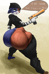Size: 2737x4096 | Tagged: suggestive, artist:timewastedo, meow skulls (fortnite), calico, cat, feline, mammal, anthro, epic games, fortnite, big butt, bubble butt, butt, clothes, dialogue, fangs, female, high res, huge butt, hyper, hyper butt, muscular thighs, nudity, partial nudity, sharp teeth, solo, solo female, sweat, sweatdrop, talking, teeth, thick thighs, thighs, wide hips