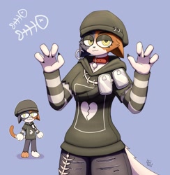 Size: 1995x2048 | Tagged: safe, artist:arzy_parzy, meow skulls (fortnite), calico, cat, feline, mammal, anthro, epic games, fortnite, 2022, 4 fingers, artist name, bandolier, barefoot, beanie, bipedal, black claws, black clothing, black eyeshadow, blue background, bottomwear, brown body, brown fur, bust, chibi, claws, clothes, collar, crossover, denim, denim clothing, ear piercing, eyeshadow, feet, female, fingers, fish hook, fish hook piercing, fishbone, full-length portrait, fur, gray body, gray fur, half closed eyes, hat, headgear, headwear, high res, hoodie, jeans, makeup, mottled, narrowed eyes, pants, piebald, piercing, portrait, print clothing, print topwear, ripped jeans, ripped pants, sardine tin, shaded, simple background, solo, solo female, striped sleeves, three-quarter portrait, topwear, torn bottomwear, torn clothes, torn pants, video game, wallet chain, white body, white fur, yellow eyes