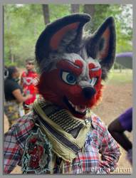 Size: 1007x1320 | Tagged: safe, canine, mammal, wolf, anthro, badge, clothes, ears, fursuit, mouth, nose, outdoors, partial suit, photo, photography, picture, scarf, teeth