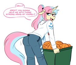 Size: 956x826 | Tagged: safe, artist:redxbacon, oc, oc only, oc:candy floss (redxbacon), equine, fictional species, mammal, pony, unicorn, anthro, friendship is magic, hasbro, my little pony, 2022, 2d, basket, butt, clothes, container, dialogue, featured image, femboy, hair, heterochromia, hoodie, horn, male, open mouth, ponytail, solo, solo male, speech bubble, tail, tail wraps, talking, topwear, wraps