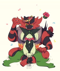 Size: 3103x3719 | Tagged: safe, artist:mugikoujial, feline, fictional species, incineroar, mammal, meowscarada, nintendo, pokémon, 2022, ambiguous gender, ambiguous only, digital art, duo, duo ambiguous, eyes closed, fangs, flower, flower crown, front view, fur, green body, green eyes, green fur, looking at you, plant, red body, red fur, sharp teeth, signature, simple background, sitting, sitting on lap, smiling, starter pokémon, striped arms, striped fur, teeth, white background