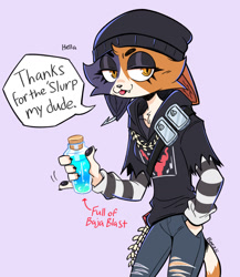 Size: 1267x1462 | Tagged: safe, artist:yeahbeezii, meow skulls (fortnite), cat, feline, mammal, anthro, fortnite, black body, black eyelids, black fur, black hat, black t-shirt, blep, calico cat, clothes, english text, fangs, female, fur, half closed eyes, hand in pocket, holding, holding object, jeans, lavender background, pants, purple background, ripped jeans, ripped pants, sharp teeth, simple background, smiling, solo, solo female, striped sleeves, tan body, tan fur, teeth, text, tomboy, tongue, tongue out, torn clothes