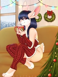 Size: 1516x2000 | Tagged: safe, artist:toffelate, lagomorph, mammal, rabbit, anthro, black hair, bottomless, breasts, chest fluff, christmas, christmas lights, christmas tree, clothes, conifer tree, corset, couch, drink, ear fluff, female, fluff, fur, hair, holiday, hot chocolate, legwear, lights, looking at you, nudity, partial nudity, purple eyes, sitting, smiling, solo, solo female, tan body, tan fur, thigh highs, toeless legwear, tree, wreath