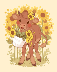Size: 720x900 | Tagged: safe, artist:celesse, bovid, cattle, cow, mammal, feral, 2022, blushing, cottagecore, cute, female, flower, front view, looking at you, open mouth, open smile, plant, smiling, smiling at you, solo, solo female, sunflower, three-quarter view