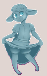 Size: 795x1280 | Tagged: safe, artist:vidfox, bovid, caprine, lamb, mammal, sheep, anthro, 2d, bloomers, bottomwear, clothes, cute, double outline, dress, dress lift, female, looking at you, open mouth, open smile, puffy sleeves, smiling, smiling at you, solo, solo female, ungulate