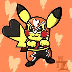 Size: 1897x1897 | Tagged: safe, artist:awesomesaucez, fictional species, mammal, pikachu, anthro, nintendo, pokémon, ears, female, libre, pikachu libre, simple background, solo, solo female, tail, watermark, wrestling, wrestling mask, wrestling outfit