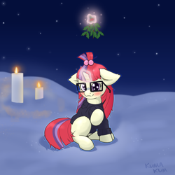 Size: 2000x2000 | Tagged: safe, artist:kumakum, moondancer (mlp), equine, fictional species, mammal, pony, unicorn, feral, friendship is magic, hasbro, my little pony, 2019, blushing, candle, christmas, clothes, cute, ear fluff, female, floppy ears, fluff, glasses, glowing, glowing horn, hair accessory, head turned, high res, holiday, holly, hooves, horn, levitation, looking at you, magic, magic aura, mare, mistleholly, night, outdoors, outline, raised hoof, signature, sitting, smiling, smiling at you, snow, solo, solo female, stars, sweater, taped glasses, telekinesis, topwear