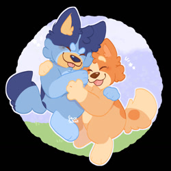 Size: 1280x1280 | Tagged: safe, artist:princepawbs, bingo heeler (bluey), bluey heeler (bluey), australian cattle dog, canine, dog, mammal, semi-anthro, bluey (series), 2021, 2d, cute, double outline, duo, duo female, eyes closed, female, females only, hug, open mouth, open smile, puppy, siblings, sister, sisters, smiling, wholesome, young