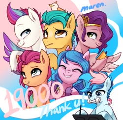 Size: 1024x995 | Tagged: safe, artist:maren, hitch trailblazer (mlp), izzy moonbow (mlp), pipp petals (mlp), sunny starscout (mlp), zipp storm (mlp), oc, oc:blue chewings, earth pony, equine, fictional species, mammal, pegasus, pony, unicorn, feral, hasbro, my little pony, my little pony g5, my little pony: a new generation, spoiler:my little pony g5, 2021, chew toy, critter magnet, eyes closed, feathered wings, feathers, female, group, holding, horn, male, mane five (g5), mare, mouth hold, phone, stallion, wings