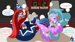 Size: 8000x4527 | Tagged: safe, artist:awesomesaucez, oc, oc:astarte, oc:sonata (awesomesaucez), blaziken, fictional species, hawlucha, mammal, milotic, primarina, anthro, feral, nintendo, pokémon, absurd resolution, bodysuit, clothes, dominant, dominant female, female, gloves, group, libre, luchador, male, mask, sassy, scoreboard, simple background, size difference, smug, speech bubble, starter pokémon, tail, teasing, text, tight clothing, watermark, wrapping, wrestling, wrestling mask, wrestling outfit, wrestling ring