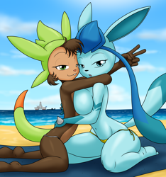 Size: 1238x1324 | Tagged: suggestive, artist:sandwich-anomaly, oc, oc only, oc:galia (sandwich-anomaly), oc:leina (sandwich-anomaly), chespin, eeveelution, fictional species, glaceon, mammal, anthro, plantigrade anthro, nintendo, pokémon, 2022, anthro/anthro, beach, big breasts, bikini, bikini bottom, black nose, breasts, clothes, detailed background, digital art, duo, duo female, ears, eyelashes, female, female/female, females only, flat chest, fur, hair, kneeling, looking at you, partial nudity, side view, sideboob, starter pokémon, swimsuit, tail, thighs, topless, wide hips