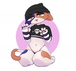 Size: 2000x1884 | Tagged: safe, artist:pakusta, meow skulls (fortnite), calico, cat, feline, mammal, anthro, epic games, fortnite, 2022, >:3, abstract background, arm warmers, artist name, barefoot, beanie, belly button, black claws, black panties, black shirt, black underwear, blue body, blue fur, bone, claws, clothes, crop top, cropped shirt, eyeshadow, fangs, feet, female, finger claws, fingers, fur, half closed eyes, hat, headgear, headwear, heart, high res, highleg panties, hoodie, long sleeves, makeup, midriff, mottled, multicolored body, multicolored fur, narrowed eyes, open mouth, orange body, orange fur, panties, piebald, shaded, shirt, simple background, sitting, skull, solo, solo female, striped sleeves, teeth, thong, topwear, undershirt, underwear, video game, watermark, white background, white body, white fur, yellow eyes