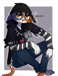 Size: 3124x4096 | Tagged: safe, artist:mukiarts, meow skulls (fortnite), calico, cat, feline, mammal, anthro, epic games, fortnite, 2022, 3 toes, :3, absurd resolution, barefoot, beanie, border, bottomwear, claws, clothes, colored nails, countershade feet, countershading, crouching, ear piercing, eyeshadow, feet, female, finger claws, fingers, fur, hat, headgear, headwear, heart, high res, hoodie, lidded eyes, makeup, mottled, multicolored body, multicolored fur, nails, orange body, orange fur, pants, piercing, shirt, sitting, smiling, solo, solo female, striped sleeves, toe claws, toes, tomboy, topwear, white border, yellow eyes