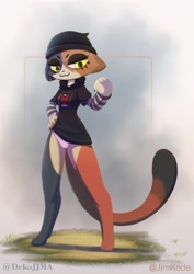 Size: 2896x4096 | Tagged: safe, artist:jimkode, meow skulls (fortnite), calico, cat, feline, mammal, anthro, epic games, fortnite, 2022, >:3, barefoot, beanie, black claws, brown body, brown fur, bust, cel shading, claws, clothes, ear piercing, eyeshadow, feet, female, finger claws, fingers, fish hook, fur, grass, grass field, gray background, gray body, gray fur, half closed eyes, hand on hip, handpaw, hat, headgear, headwear, high res, hoodie, long legs, long sleeves, long tail, makeup, mottled, multicolored body, multicolored fur, narrowed eyes, outdoors, panties, paws, piercing, pink underwear, plant, portrait, pose, shaded, shirt, simple background, solo, solo female, striped sleeves, tail, topwear, undershirt, underwear, white body, white fur, yellow eyes