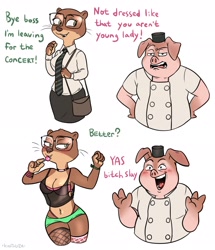 Size: 1763x2048 | Tagged: safe, artist:kastoluza1, mammal, mustelid, otter, pig, suid, anthro, disney, zootopia, bedroom eyes, belly button, belly button piercing, blushing, bottomwear, bra, clothes, crop top, duo, female, glasses, lollipop, male, open mouth, open smile, panties, piercing, seductive, short shorts, shorts, smiling, sweat, sweatdrop, thick thighs, thighs, thong, topwear, underwear, wide hips