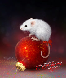 Size: 1370x1610 | Tagged: safe, artist:alenaekaterinburg, mammal, mouse, rodent, feral, ambiguous gender, christmas, december, ears, fur, holiday, new year, ornaments, ribbon, signature, solo, tail, text, white body, white fur, yule, yuletide