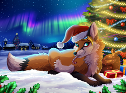 Size: 1000x740 | Tagged: safe, artist:ketty-art, canine, fox, mammal, feral, candy cane, christmas, christmas lights, christmas tree, clothes, conifer tree, garland, hat, headwear, holiday, holly, lights, male, north pole, northern lights, santa hat, solo, solo male, tree, yule, yuletide