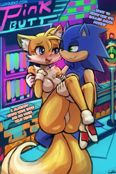 Size: 750x1125 | Tagged: safe, artist:lumineko, miles "tails" prower (sonic), sonic the hedgehog (sonic), canine, fox, hedgehog, mammal, anthro, sega, sonic the hedgehog (series), 2017, belly button, black nose, breasts, cheek fluff, clothes, digital art, duo, ears, eyelashes, featureless breasts, female, fluff, fur, hair, half r63 shipping, lifting, male, male/female, mila "tails" prower, multiple tails, pose, rule 63, shipping, shoes, socks, tail, tailsko, thighs, two tails, vixen, wide hips
