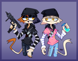 Size: 3172x2459 | Tagged: safe, artist:razur, artist:razur_draws, cloud nine (fortnite), meow skulls (fortnite), calico, cat, feline, mammal, anthro, epic games, fortnite, 2022, >:3, bandolier, barefoot, beanie, black body, black fur, bottomwear, bust, clothes, colored nails, container, denim, denim clothing, duo, duo female, ear piercing, eyeliner, eyeshadow, feet, female, females only, fur, gradient background, gun, half closed eyes, hat, headgear, headwear, high res, holding, holding object, holding weapon, hoodie, jar, jeans, jewelry, long sleeves, looking at another, makeup, mottled, multicolored body, multicolored fur, nails, narrowed eyes, necklace, open mouth, orange body, orange fur, pants, piebald, piercing, portrait, purple background, ranged weapon, ripped jeans, ripped pants, shirt, simple background, slim, striped sleeves, submachine gun, three-quarter portrait, topwear, torn clothes, undershirt, wallet chain, weapon, white body, white fur, yellow eyes