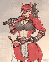 Size: 1941x2480 | Tagged: safe, artist:rawslaw5, canine, fox, mammal, anthro, abs, axe, clothes, female, loincloth, muscles, muscular female, solo, solo female, tail, thunder thighs, topwear, weapon