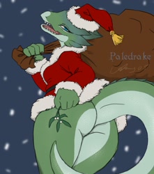 Size: 1590x1800 | Tagged: suggestive, artist:paledrake_, fictional species, kobold, reptile, anthro, big butt, breasts, butt, butt focus, christmas, clothes, costume, female, hat, headwear, holiday, looking at you, looking back, looking back at you, mistletoe, santa costume, santa hat, solo, solo female, tail, thick thighs, thighs, wide hips