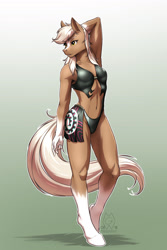 Size: 1800x2700 | Tagged: safe, alternate version, artist:mykegreywolf, epona (zelda), equine, horse, mammal, anthro, unguligrade anthro, nintendo, the legend of zelda, 2018, armpits, arms behind head, bikini, breasts, clothes, digital art, ears, eyelashes, female, fur, gift art, hooves, pose, simple background, solo, solo female, swimsuit, tail, thighs, ungulate, wide hips