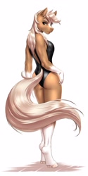 Size: 1500x3000 | Tagged: safe, alternate version, artist:mykegreywolf, epona (zelda), equine, horse, mammal, anthro, unguligrade anthro, nintendo, the legend of zelda, 2019, breasts, butt, clothes, commission, digital art, ears, eyelashes, female, fur, hooves, looking at you, looking back, looking back at you, one-piece swimsuit, pose, rear view, sideboob, simple background, solo, solo female, swimsuit, tail, thighs, wide hips