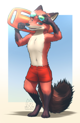 Size: 1230x1900 | Tagged: safe, artist:mykegreywolf, nick wilde (zootopia), canine, fox, mammal, anthro, digitigrade anthro, disney, zootopia, 2017, black nose, bottomwear, clothes, digital art, ears, fur, lifeguard, male, one eye closed, partial nudity, shorts, simple background, solo, solo male, tail, topless