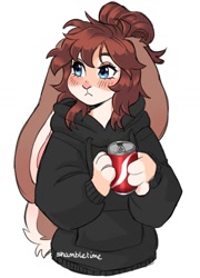 Size: 846x1174 | Tagged: safe, artist:shambletime, lagomorph, mammal, rabbit, anthro, blushing, clothes, drink, ears, female, hoodie, long ears, solo, solo female, tail, topwear