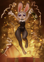 Size: 778x1100 | Tagged: safe, artist:conqista, judy hopps (zootopia), lagomorph, mammal, rabbit, anthro, digitigrade anthro, disney, zootopia, alcohol, bottle, bunny suit, champagne, clothes, container, ears, female, fur, gray body, gray fur, legwear, leotard, paws, purple eyes, solo, solo female, thick thighs, thighs, wide hips, wine, wine bottle