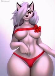 Size: 1148x1599 | Tagged: safe, artist:aozee, loona (vivzmind), canine, fictional species, hellhound, mammal, anthro, hazbin hotel, helluva boss, 2022, big breasts, breasts, christmas, ears, female, gray hair, hair, holiday, long hair, solo, solo female, thick thighs, thighs