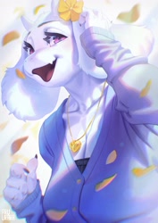 Size: 1448x2048 | Tagged: safe, artist:aruurara, toriel (undertale), bovid, fictional species, goat, mammal, monster, anthro, undertale, big breasts, breasts, cleavage, cute, cute little fangs, fangs, female, flower, flower in hair, fur, hair, hair accessory, horns, jewelry, looking at you, necklace, open mouth, open smile, petals, plant, smiling, smiling at you, solo, solo female, teeth, white body, white fur