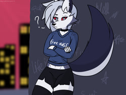 Size: 1280x960 | Tagged: safe, artist:yukkoo, loona (vivzmind), canine, fictional species, hellhound, mammal, anthro, hazbin hotel, helluva boss, 2020, belly button, bottomwear, breasts, clothes, colored sclera, crossed arms, detailed background, digital art, ears, female, fur, hair, legwear, red sclera, shirt, shorts, solo, solo female, stockings, tail, thighs, topwear, wide hips