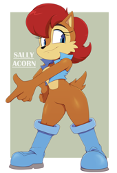 Size: 868x1280 | Tagged: safe, artist:bigdon1992, princess sally acorn (sonic), chipmunk, mammal, rodent, anthro, archie sonic the hedgehog, sega, sonic the hedgehog (series), 2022, belly button, black nose, boots, breasts, clothes, digital art, ears, eyelashes, female, fur, hair, jacket, shoes, solo, solo female, tail, thighs, topwear, wide hips