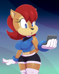 Size: 1008x1280 | Tagged: safe, alternate version, artist:bigdon1992, princess sally acorn (sonic), chipmunk, mammal, rodent, anthro, archie sonic the hedgehog, sega, sonic the hedgehog (series), 2021, belly button, black nose, bottomwear, breasts, clothes, digital art, ears, eyelashes, female, fur, gloves, hair, shorts, solo, solo female, tail, tank top, thighs, topwear, wide hips