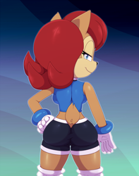 Size: 1008x1280 | Tagged: safe, alternate version, artist:bigdon1992, princess sally acorn (sonic), chipmunk, mammal, rodent, anthro, archie sonic the hedgehog, sega, sonic the hedgehog (series), 2021, bedroom eyes, belly button, black nose, bottomwear, breasts, butt, clothes, digital art, ears, eyelashes, female, fur, gloves, hair, looking at you, looking back, looking back at you, rear view, rearboob, shorts, solo, solo female, tail, tank top, thighs, topwear, wide hips