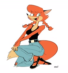 Size: 1504x1626 | Tagged: safe, artist:moonlordress, oc, oc:patty (fox-popvli), canine, fox, mammal, anthro, big breasts, big butt, breasts, butt, cleavage, clothes, cute, cute little fangs, fangs, female, hair, jeans, kneeling, looking at you, open mouth, open smile, pants, pigtails, smiling, smiling at you, solo, solo female, teeth, thick thighs, thighs, vixen