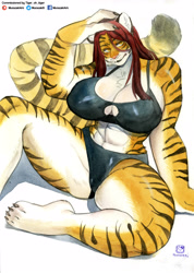 Size: 2467x3460 | Tagged: safe, artist:murazaki9, big cat, feline, mammal, tiger, anthro, bra, breasts, clothes, female, huge breasts, muscles, muscular female, panties, solo, solo female, tail, thick thighs, thighs, traditional art, underwear, watercolor painting
